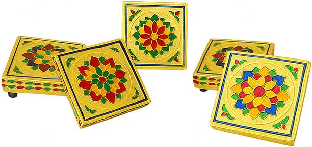 Divypath Handmade Flower Design Wooden Chowki Set – Bajot 2x2 Inch Wooden Pooja Chowki