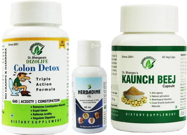 Bhargav Ayurveda Colon Detox Triple Action Formula-Herbadine Oil 50 ML-Kaunch Beej 60 Capsules