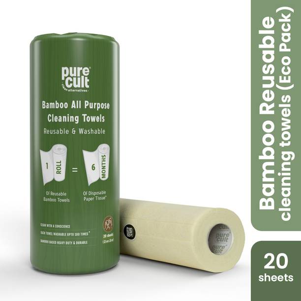 purecult Bamboo All Purpose Cleaning Towel | Eco-Pack | Reusable & Washable | 20 Sheets Dry Bamboo Cleaning Cloth
