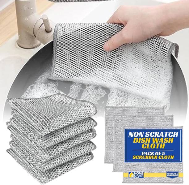 F8WARES 5PK Non Scratch Dish Wash Cloth - Scrubber for Utensils & Wire Dishwashing Rags Wet and Dry Nylon, Steel Cleaning Cloth