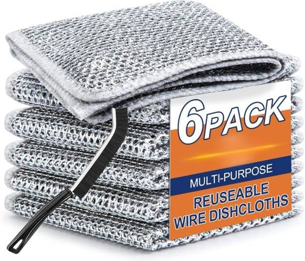 Millionminds Multi-Purpose Steel Wire Dishwash Cloth Pack of 6 & Crevice Gaps Cleaning Brush Wet and Dry Stainless Steel Cleaning Cloth