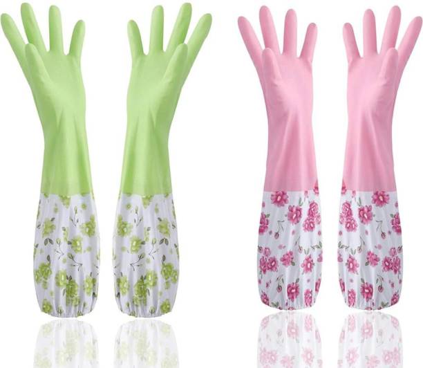 MAAUVTOR Reusable Rubber Latex PVC Flock lined Hand Gloves For Kitchen Long Sleeves Wet and Dry Glove Set