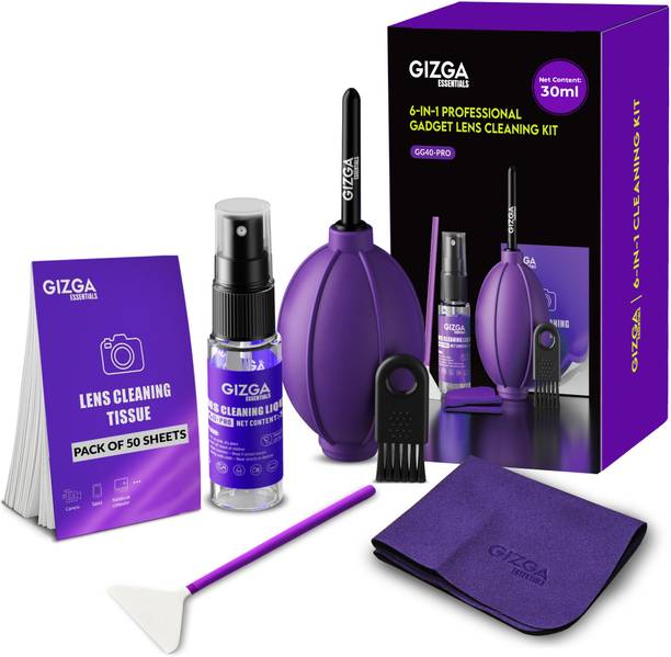 Gizga Essentials Pro 6-in-1 Screen Cleaning Kit: Lens Solution, Blower, Brush, Cloth, Swabs for Computers, Gaming, Laptops, Mobiles