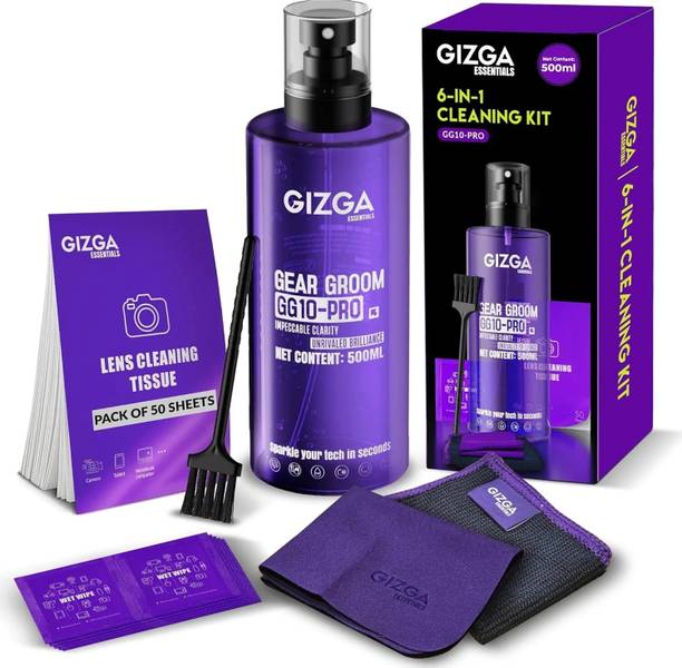 Gizga Essentials 6-in-1 Screen Cleaning Kit: 500ml Spray, Brush, Wipes, Cloth, Tissue for Mobiles, Laptops, Gaming, Computers