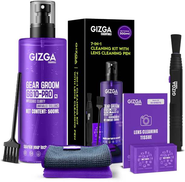 Gizga Essentials 7 in 1 Screen Cleaning Kit with 500ml Spray, Tissues, Lens Pen,Wet Wipes, Brush for Computers, Gaming, Laptops, Mobiles
