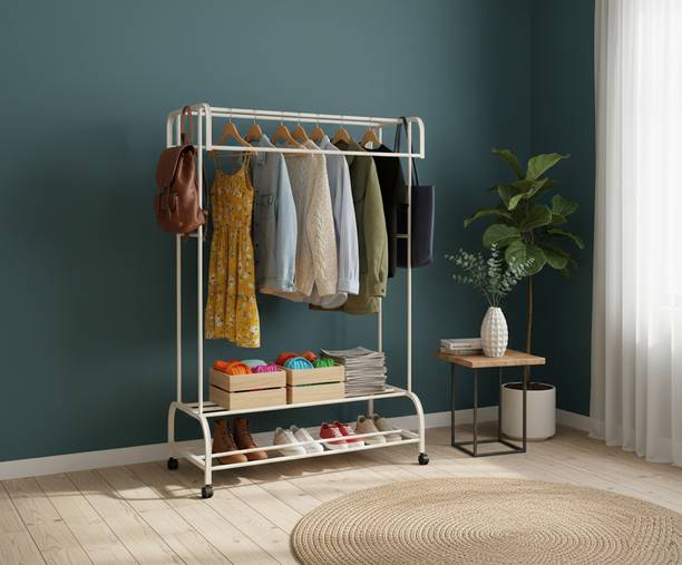 BUCKETLIST Steel Floor Cloth Dryer Stand Garment Metal Cloth Rack Hanger 4 Wheels 4 Hooks for Hanging Clothes (White)