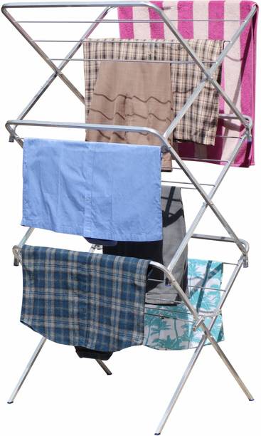 Familia Steel Floor Cloth Dryer Stand Premium Heavy-Duty Foldable Clothes Drying Stand Cross Type (Siver)