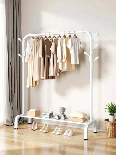 BUCKETLIST Steel Floor Cloth Dryer Stand Metal Garment Rack with Top Rod and Lower Storage Shelf with Hooks