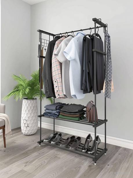 LEOPAX Steel Floor Cloth Dryer Stand Metal Cloth Rail with 10 Side Hooks and 2 Lower Shelves