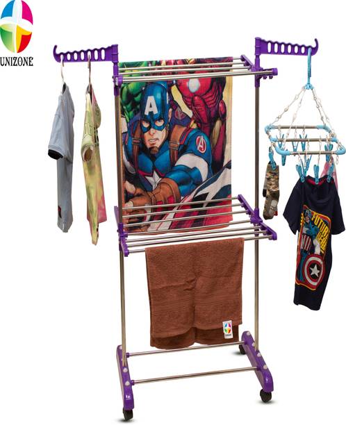 Unizone Steel, Plastic Floor Cloth Dryer Stand SS Premium Compact Space Saving Foldable - US2001 Single Poll
