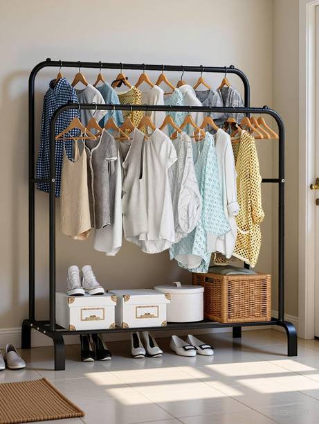 BUCKETLIST Steel Floor Cloth Dryer Stand Metal Garment Rack Top Rod and Lower Storage Shelf with Hooks