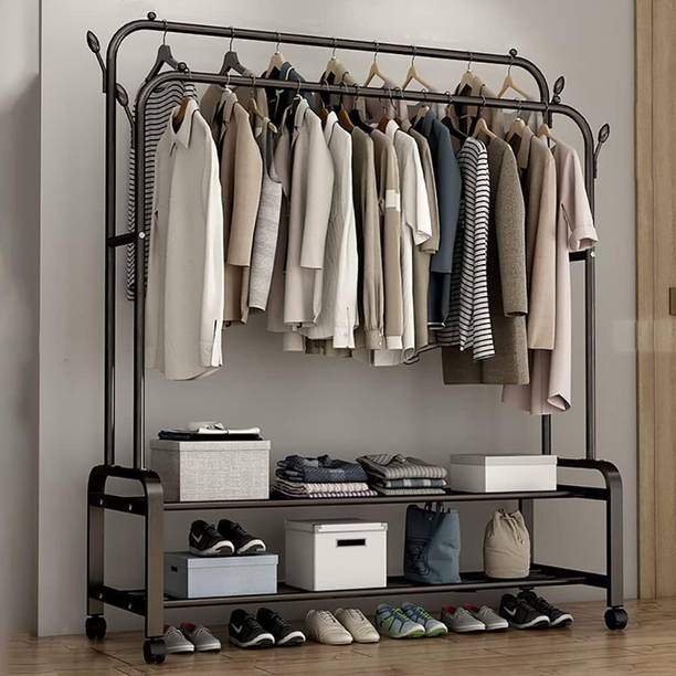 KriShyam Steel Floor Cloth Dryer Stand Double Rods Double Storage Bottom Garment Metal Cloth Rack Hanger With 4 Wheels