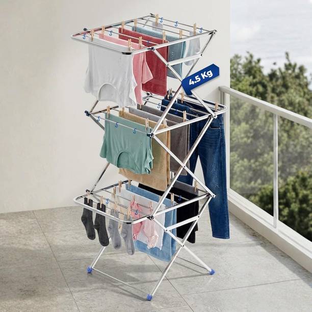 Charmy Steel Floor Cloth Dryer Stand 3-Tier SS Foldable Clothes Drying Stand | Heavy Duty Zig-Zag Design Laundry Rack
