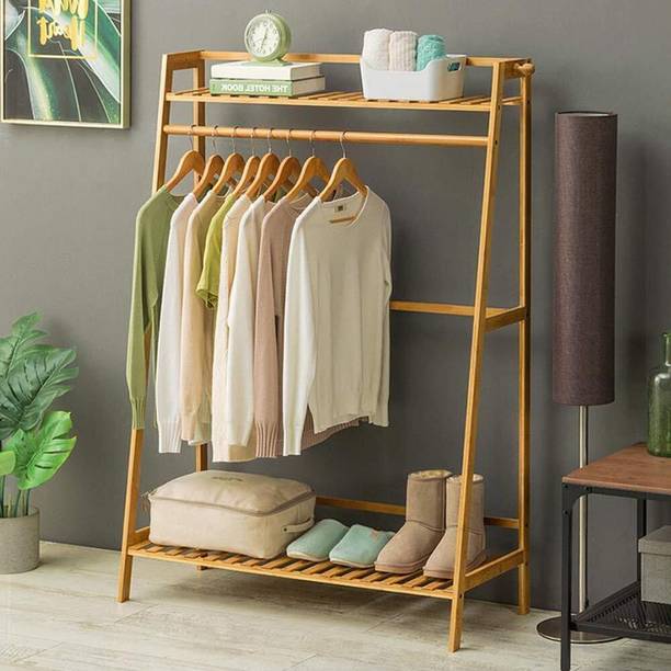 LEOPAX Wood Floor Cloth Dryer Stand Multipurpose Bamboo Coat & Clothes Garment Rail With Storage Shelves for Bedroom