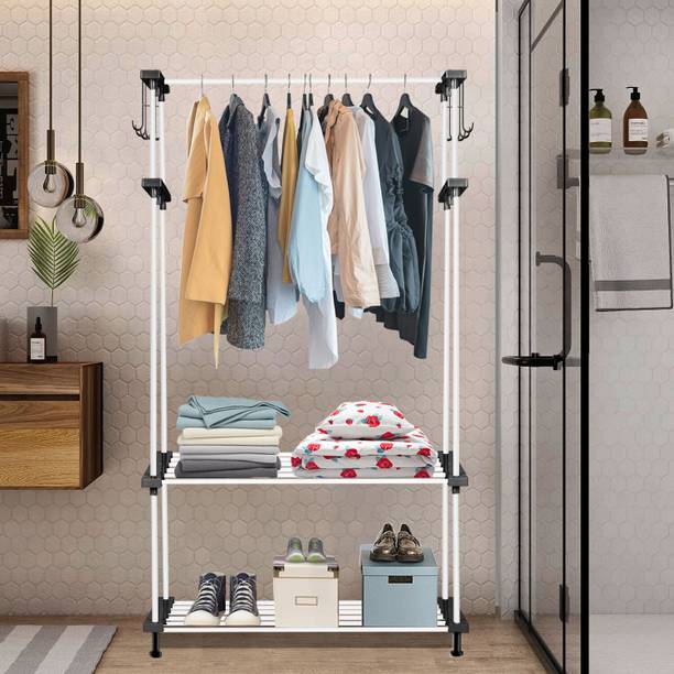 LEOPAX Steel Floor Cloth Dryer Stand Metal Coat Garment Rack with 2 Shelves, Multipurpose Freestanding Clothes Rail