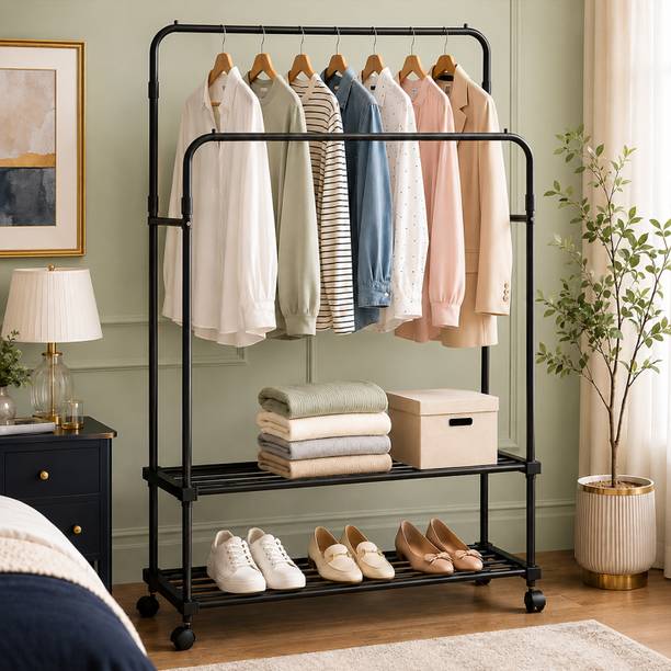 Naayaab Craft Aluminium Floor Cloth Dryer Stand with Clothes Rack & Storage Shelf, Space‑Saving Home Organizer Stand Coat Rack