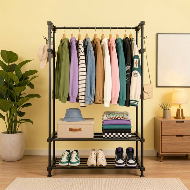 LEOPAX Steel Floor Cloth Dryer Stand Metal Cloth Rail with 10 Side Hooks and 2 Lower Shelves