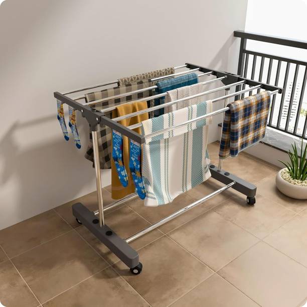 RIOMAX Steel, Plastic Floor Cloth Dryer Stand 1 Pole Stainless-Steel Clothes Drying Stand with Wheels, Foldable Laundry Rack
