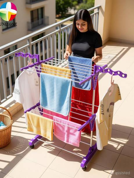 Unizone Steel, Plastic Floor Cloth Dryer Stand Foldable Cloth Drying Stand 2-Tier | Cloth Stand Steel with Wave Wings & Wheels