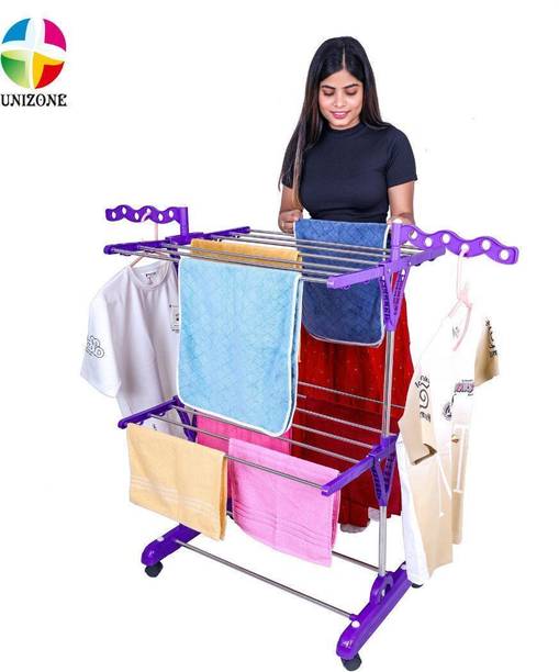Unizone Steel, Plastic Floor Cloth Dryer Stand Foldable Cloth Drying Stand 2-Tier | Cloth Stand Steel with Wave Wings & Wheels