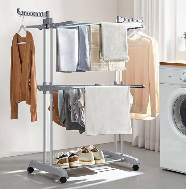 TNG Plastic, Steel Floor Cloth Dryer Stand Premium Grey Stainless Steel Cloth Drying Stand-(2Layer) A9