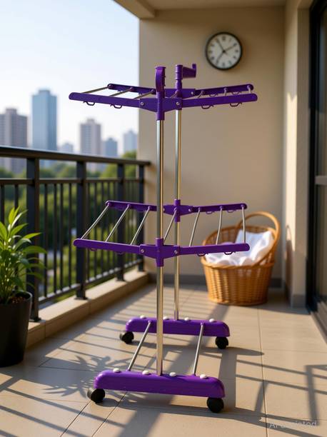 Unizone Steel, Aluminium, Plastic Floor Cloth Dryer Stand SS Premium Compact Space Saving Foldable - US2086 Single Poll