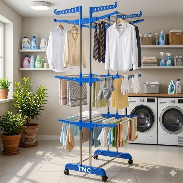 FAVOUR Steel, Aluminium, Steel Floor Cloth Dryer Stand PURE STAINLESS STEEL 3-TIER DOUBLE POLE CLOTH STAND V03
