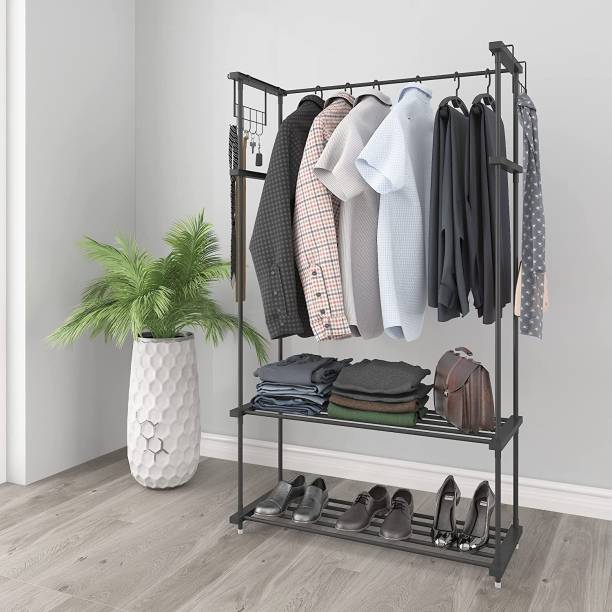 LEOPAX Steel Floor Cloth Dryer Stand Metal Coat Garment Rack with 2 Shelves, Multipurpose Freestanding Clothes Rail