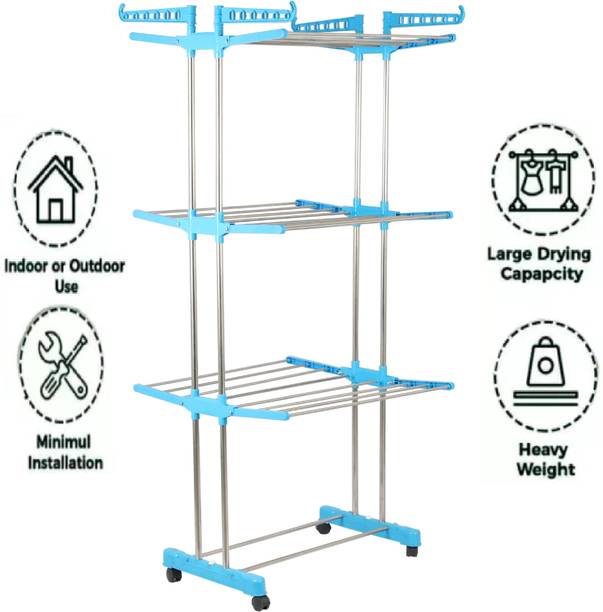 राफ्त्तर Steel, Plastic Floor Cloth Dryer Stand Heavy Duty Rust-Free Stainless Steel Double Pole Cloth Drying Stand | Clothes Dryer Stands | Laundry Racks with Wheels for Indoor | Outdoor | Balcony (Blu Drying Stand) लकड़ी, प्लास्टिक, स्टील फ्लोर क्लॉथ ड्रायर स्टैंड