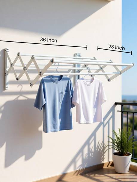 Bluevista Steel Wall Cloth Dryer Stand Regal Powder Coated White Foldable & RustProof 6 Rod Wall Hanger 3 Ft