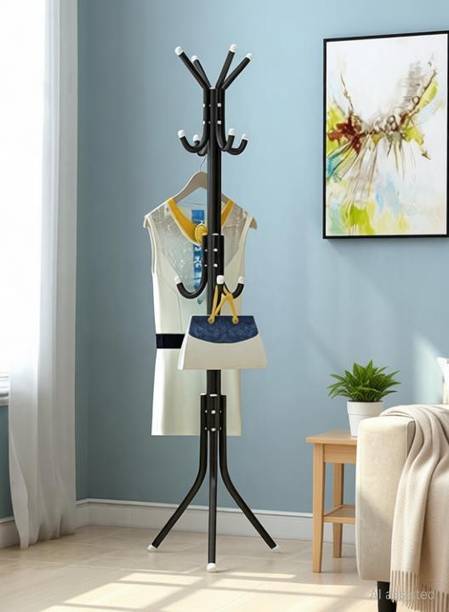 LUKZER Steel Floor Cloth Dryer Stand 8 Hook Coat Hanger hanging Stand for Clothes (Black)