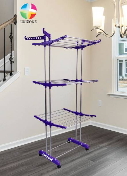 Unizone Steel, Plastic Floor Cloth Dryer Stand SS Premium Compact Space Saving Foldable - UD3001 Double Poll