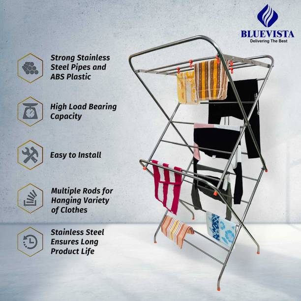 Bluevista Steel Floor Cloth Dryer Stand Bright 6 Feet rust proof heavy duty 15 rod foldable for balcony easy to use