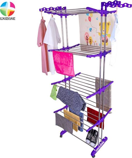Unizone Steel, Plastic Floor Cloth Dryer Stand Movable Stainless Steel 4 Tier Foldable Double Pole Cloth Drying Stand Rack