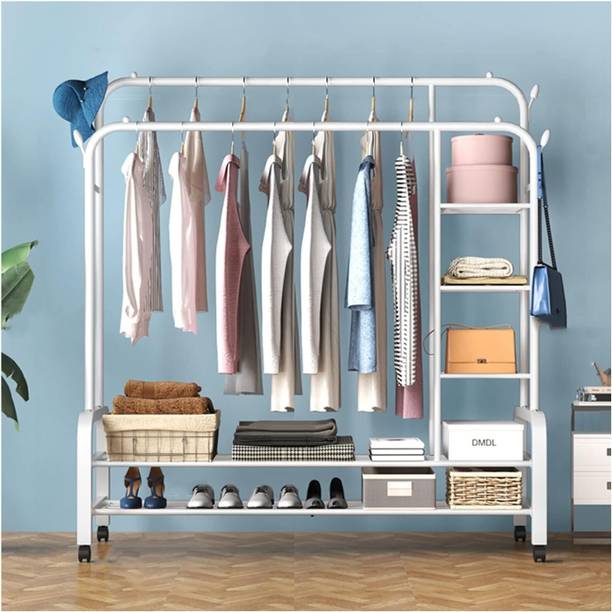 BUCKETLIST Steel Floor Cloth Dryer Stand Portable Garment Rack,Metal Clothes with 2 Hanging Rails, 4 Hooks,4 Side Shelves