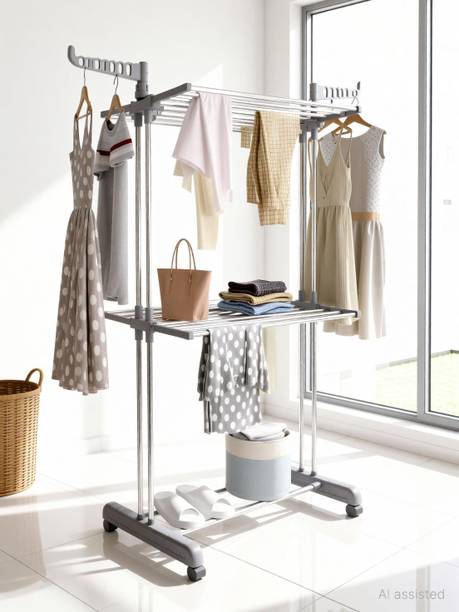 TNG Plastic, Steel Floor Cloth Dryer Stand Premium Grey Stainless Steel Cloth Drying Stand-(2Layer) A7