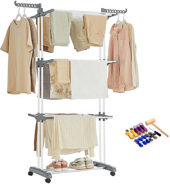 INN-VenTorE Steel, Plastic Floor Cloth Dryer Stand 3 Layer Foldable Grey Cloth Drying Stand With Hammer, Screwdriver & Clips