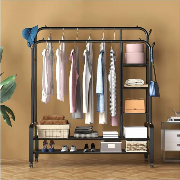 BUCKETLIST Steel Floor Cloth Dryer Stand Garment Metal Cloth Rack Hanger 4 Wheels 4 Hooks for Hanging Clothes (White)