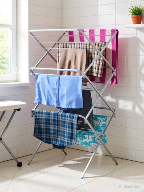Familia Steel Floor Cloth Dryer Stand Premium Heavy-Duty Foldable Clothes Drying Stand Cross Type (Siver)