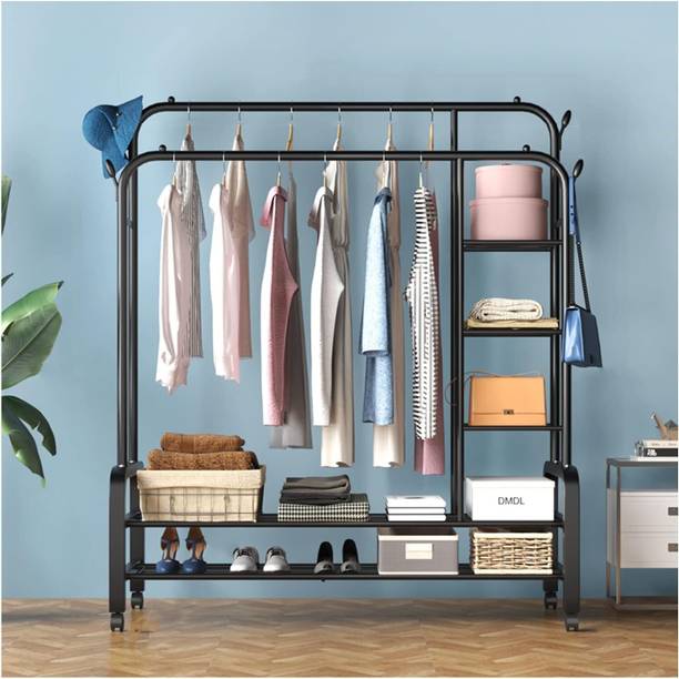 BUCKETLIST Steel Floor Cloth Dryer Stand Portable Garment Rack,Metal Clothes with 2 Hanging Rails, 4 Hooks,4 Side Shelves