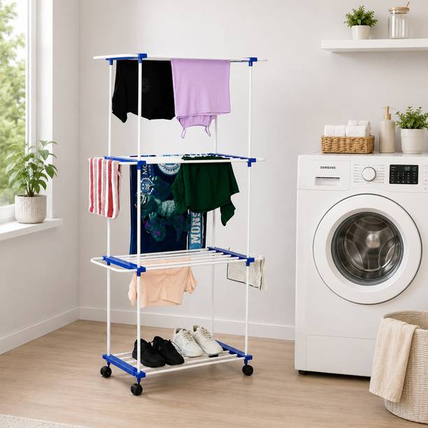 FLIPZON Plastic, Steel Floor Cloth Dryer Stand Flexri Dry Rack – 3 Tier Foldable Clothes Drying Stand with Wheels