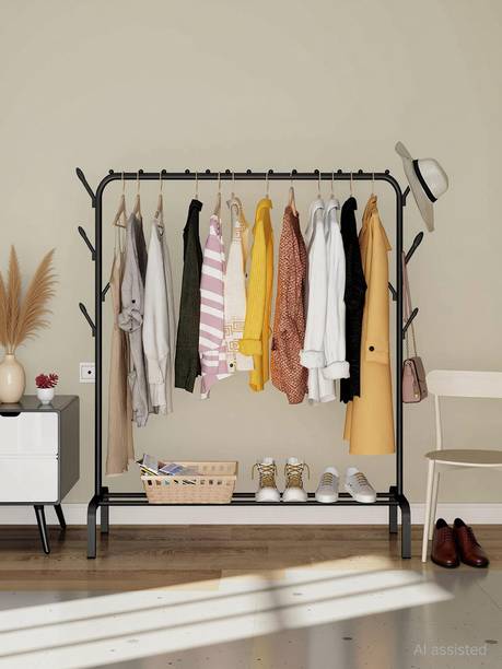 BUCKETLIST Steel Floor Cloth Dryer Stand Freestanding Hanging Metal Clothes Rack with Storage Shelf and Side Hooks, Black