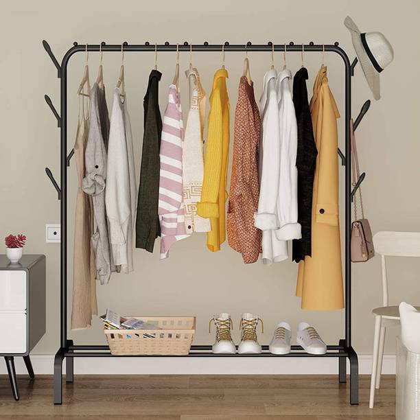 BUCKETLIST Steel Floor Cloth Dryer Stand Freestanding Hanging Metal Clothes Rack with Storage Shelf and Side Hooks, Black