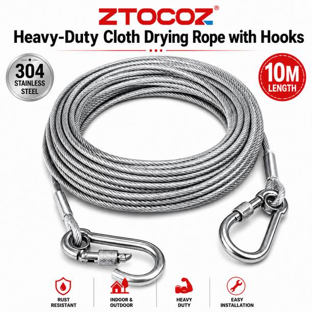 ZTOCOZ Heavy Duty Stainless Steel Clothesline Wire Laundry Drying Rope with Hooks 10M Silver