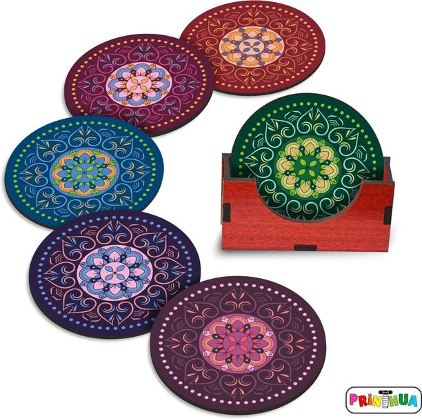 PRINTHUA Round Reversible Wood Coaster Set