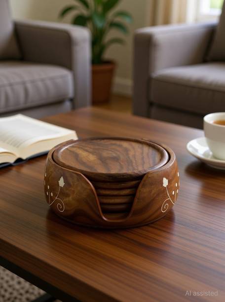 US HANDICRAFTS Round Wood Coaster Set