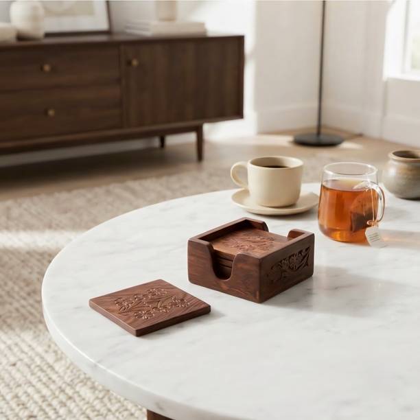 PUSHCREST Square Reversible Wood Coaster Set