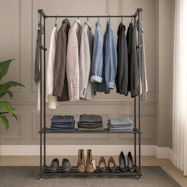 ADA Heavy Duty Iron Metal Clothe Stand, Garment Rack with 10 Hooks & 2 Lower Shelves Metal Coat and Umbrella Stand