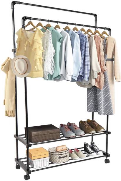 ADA Iron Metal Dual Layer Garment Rack on Wheels with 10 Side Hooks & 2 Lower Shelve Metal Coat and Umbrella Stand