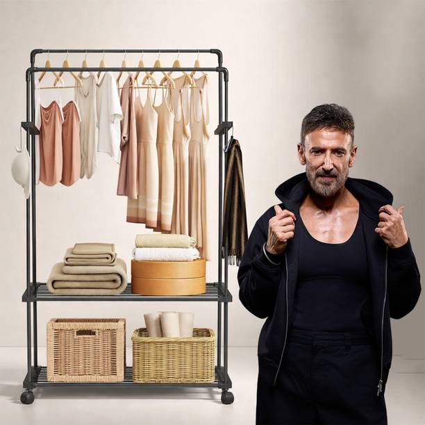 ADA Iron Metal Dual Layer Garment Rack on Wheels with 10 Side Hooks & 2 Lower Shelve Metal Coat and Umbrella Stand